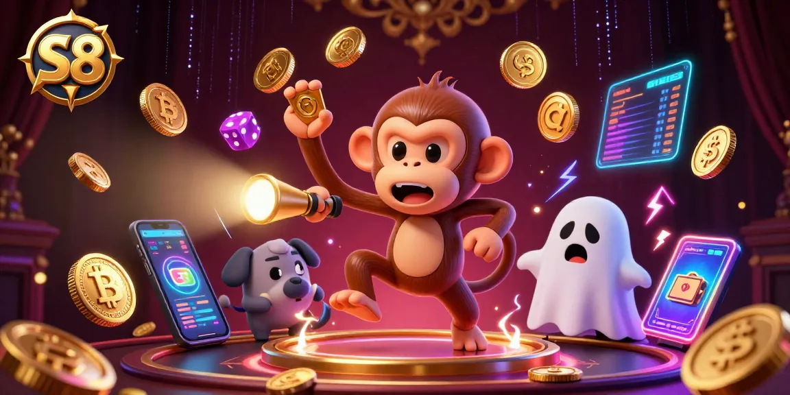 Engage with S8's thrilling atmosphere as a ghost-hunter puppy tracks a playful poltergeist monkey in a vivid casino.