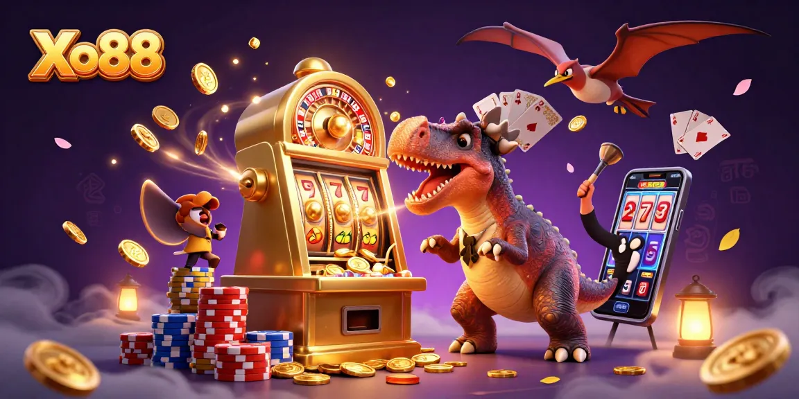 Xo88 features a dinosaur jackpot scene with a pachycephalosaurus, casino manager, and pteranodon collecting golden coins.