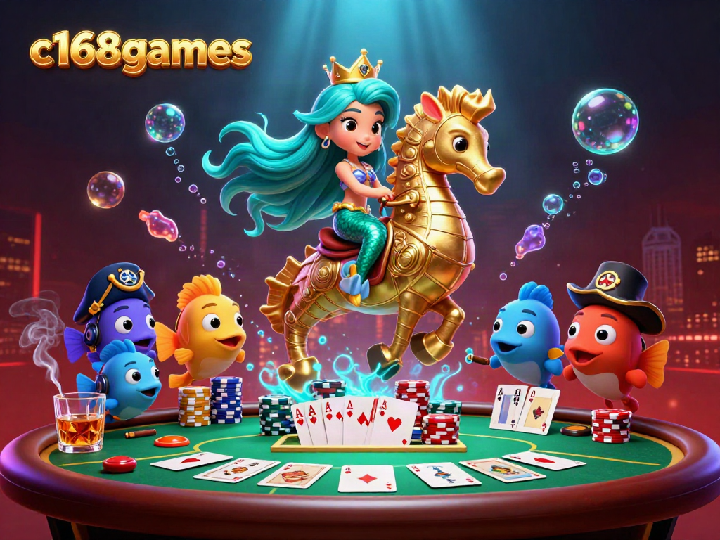 Experience excitement at c168games with mermaid characters and poker-themed 3D illustration.