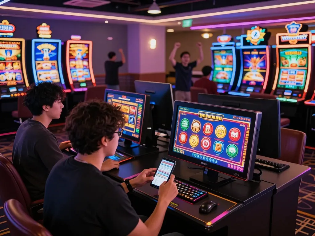 Exciting gaming scene at a vibrant virtual casino, showcasing players engaged with various devices at https://rr88c.mobi/.