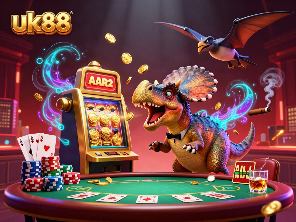 uk88 casino scene with a pachycephalosaurus triggering a jackpot, showcasing vibrant gambling elements and a dynamic atmosphere.