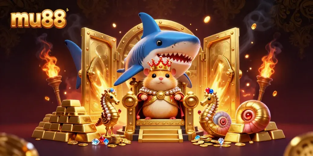 Engage in mu88 casino excitement with the golden hamster king on a megalodon throne