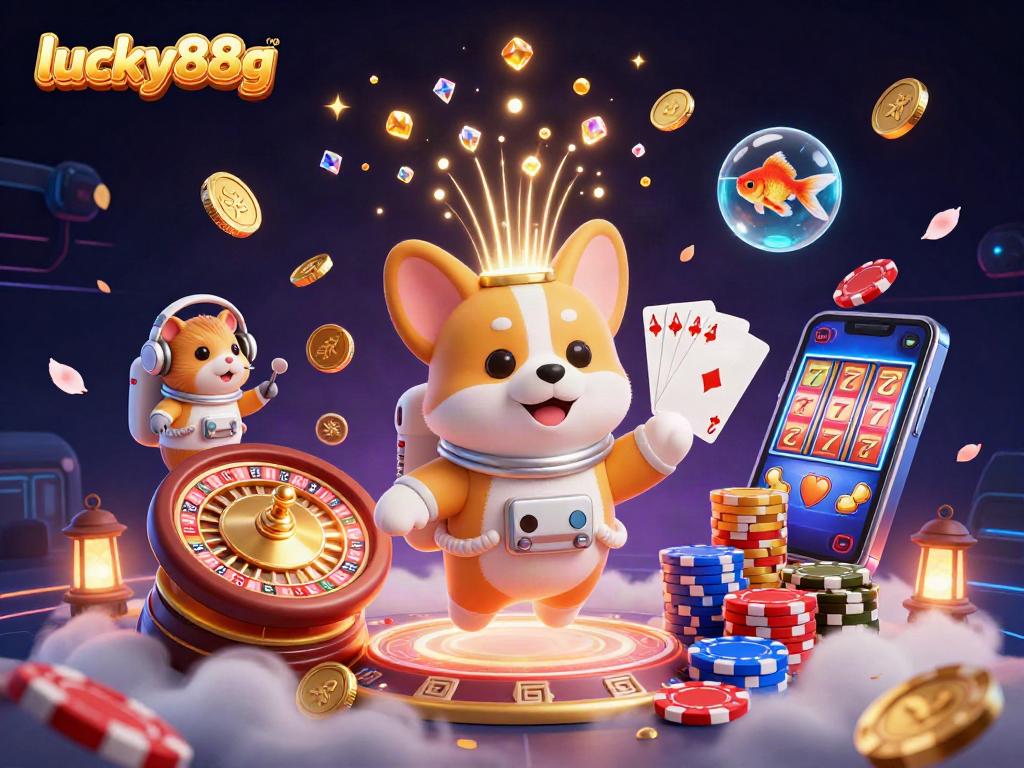 Engage with lucky88g's thrilling space casino adventure featuring a unique floating corgi and vibrant game elements.