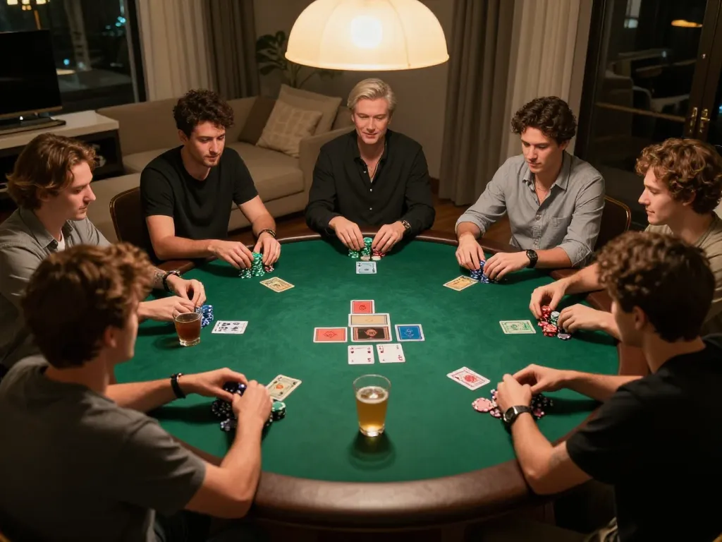 Players engaged in a poker game at home, showcasing strategies for qq8827.