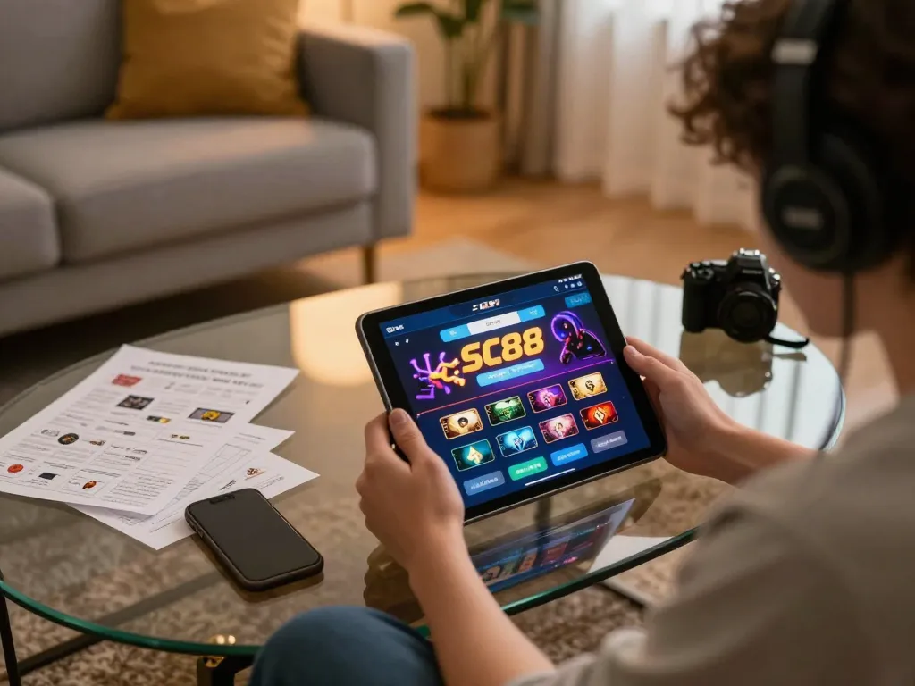 Person enjoying the SC88 casino app on a tablet, showcasing dynamic home gaming setup and responsible entertainment.
