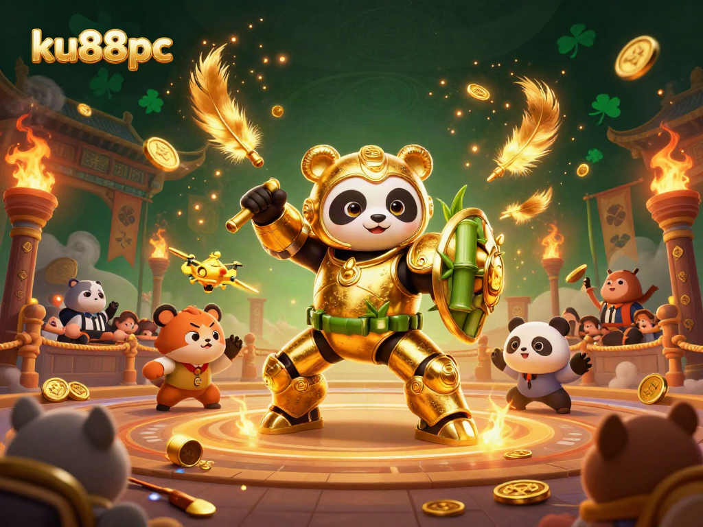 Engage in thrilling gaming at ku88pc with a dynamic 3D arena featuring a panda pilot and exciting action elements.