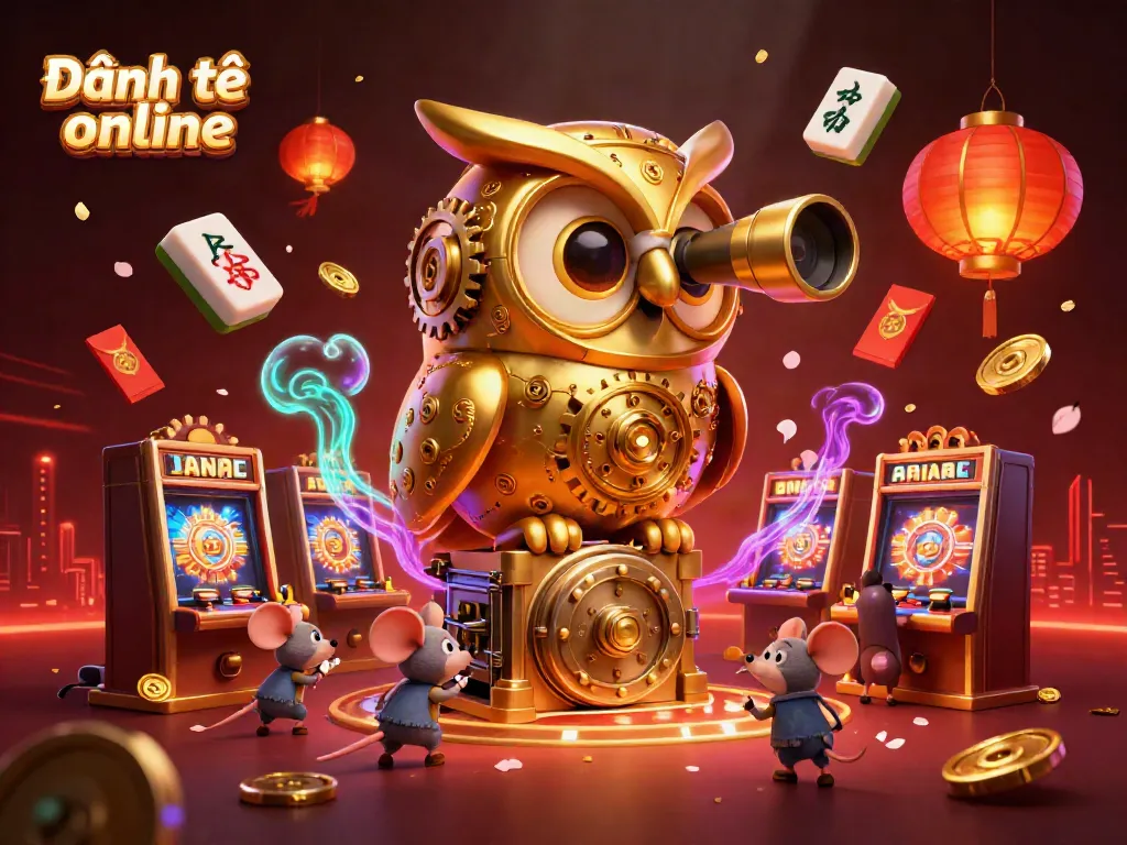 Experience Đánh đề online with a captivating 3D illustration featuring golden owls and lively casino elements.