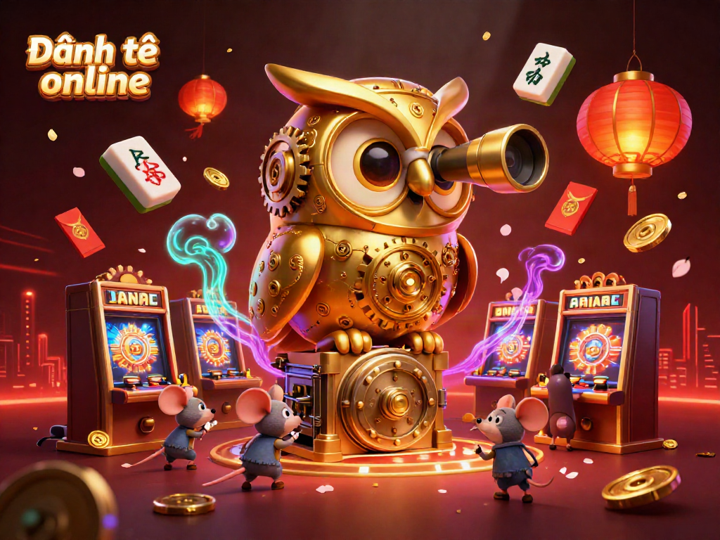 Experience Đánh đề online with a captivating 3D illustration featuring golden owls and lively casino elements.