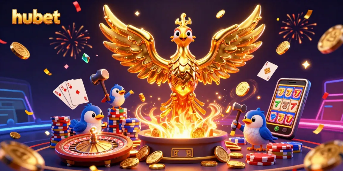 Engage in thrilling fun with hubet as a golden phoenix of wealth rises amidst cascading coins and casino games.