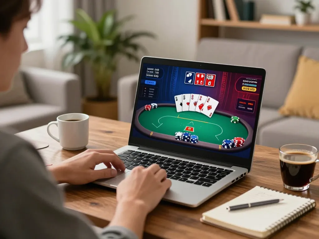 RR88 player enjoying online poker game in cozy living room with engaged expression.