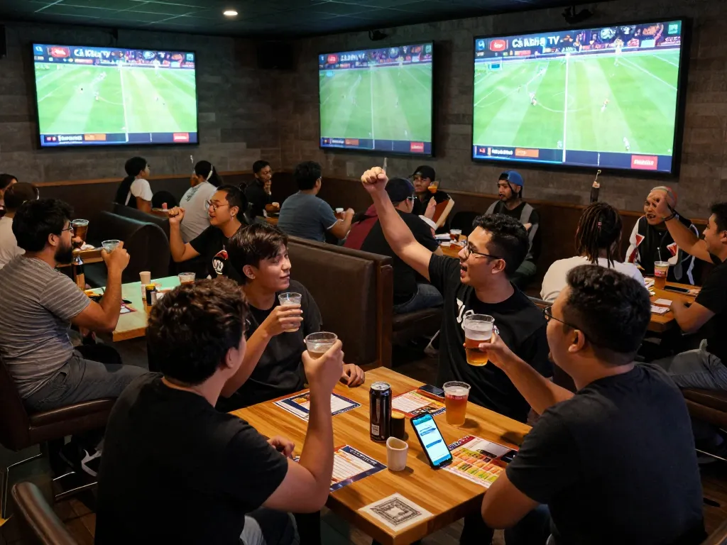 Cà Khịa TV fans enjoying live sports betting at a vibrant sports bar atmosphere