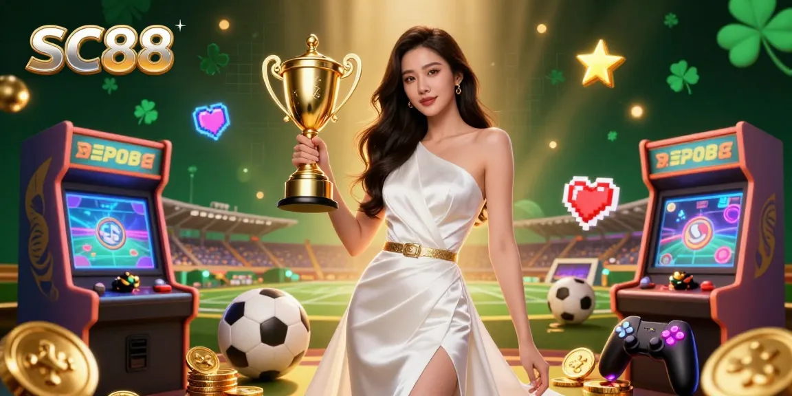 Bet on SC88 with a victorious Asian woman celebrating a sports win, surrounded by casino gaming elements.