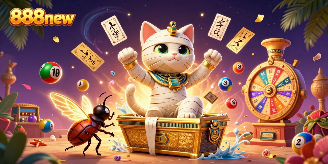 Experience 888new thrills with a vibrant casino scene featuring a mummy cat, gold treasures, and interactive games.