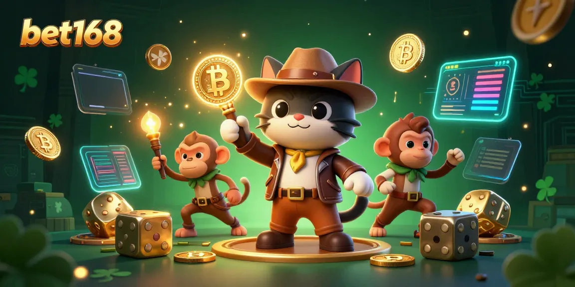 Engaging bet168 gaming scene with explorer cat and monkey, showing vibrant casino artifacts.