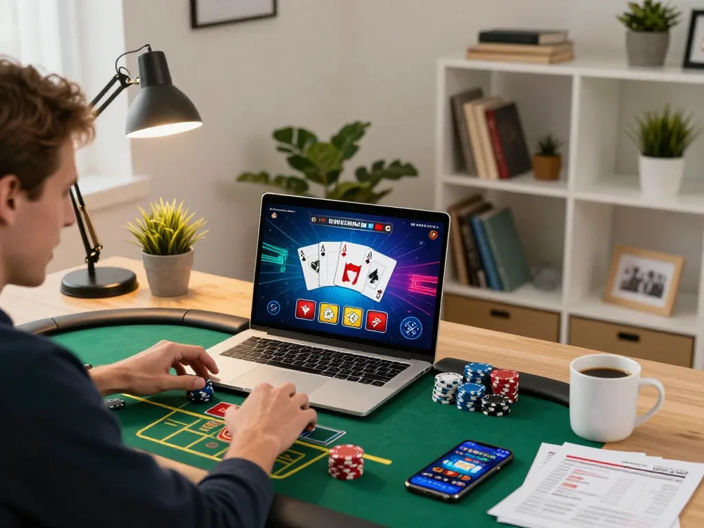 Player engaged in gamebaidoithuong poker on laptop, showcasing dynamic online gaming atmosphere