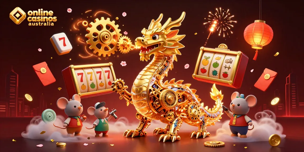 Engaging scene showcasing vibrant online casinos Australia with colorful slots and a dynamic dragon