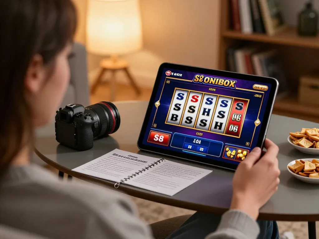 Engaging with S8 slots game on tablet, stylish home atmosphere enhancing online gambling experience.