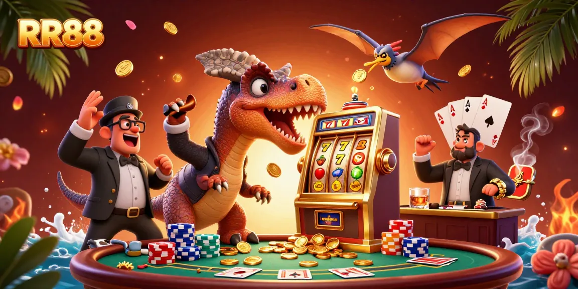 RR88 showcases a vibrant casino scene with animated characters, slot machines, and a lively atmosphere.