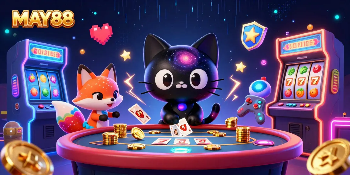 MAY88 showcases a cosmic casino scene with characters drawing in golden chips and slot elements.