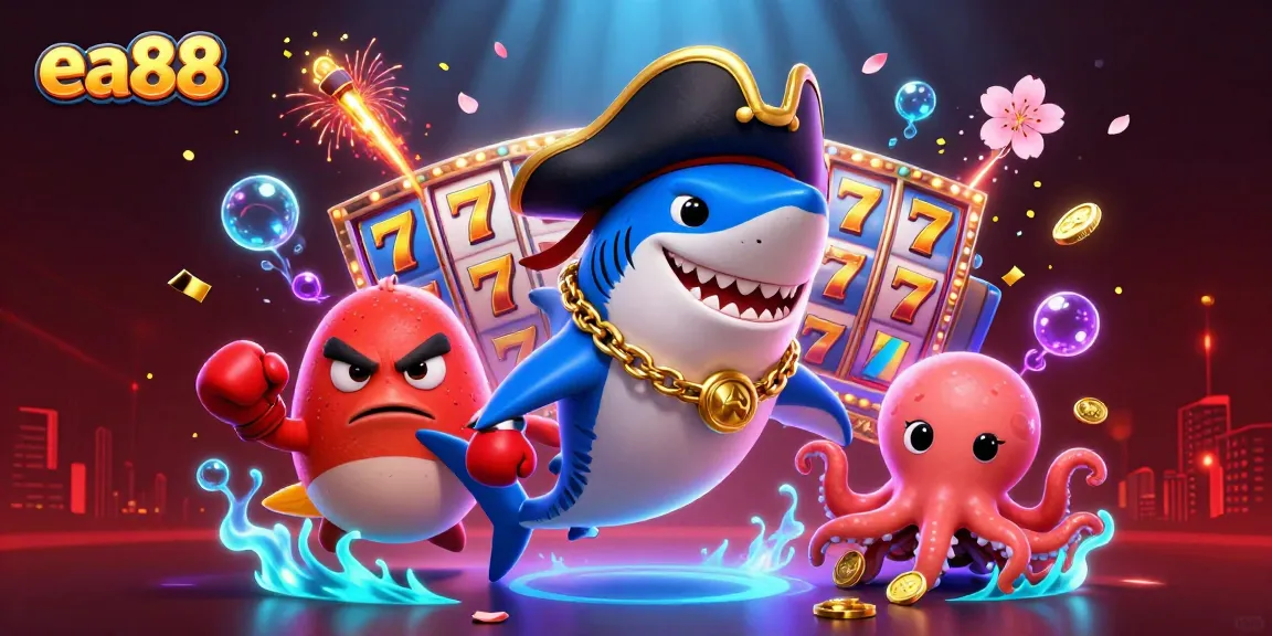 Engage in thrilling casino experiences with ea88, featuring a pirate shark and vibrant gaming elements.