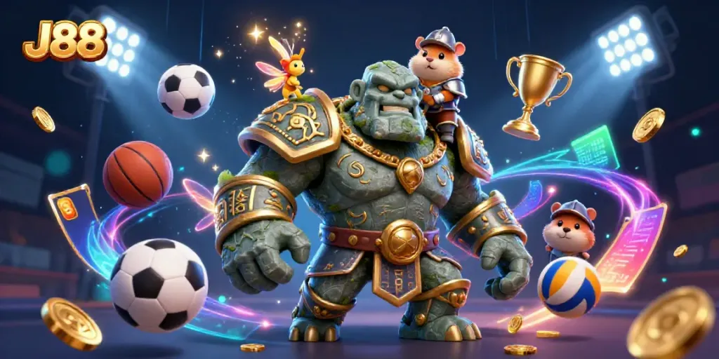 Engage in thrilling experiences at J88 with the ancient guardian and magical companions surrounded by vibrant sports elements.