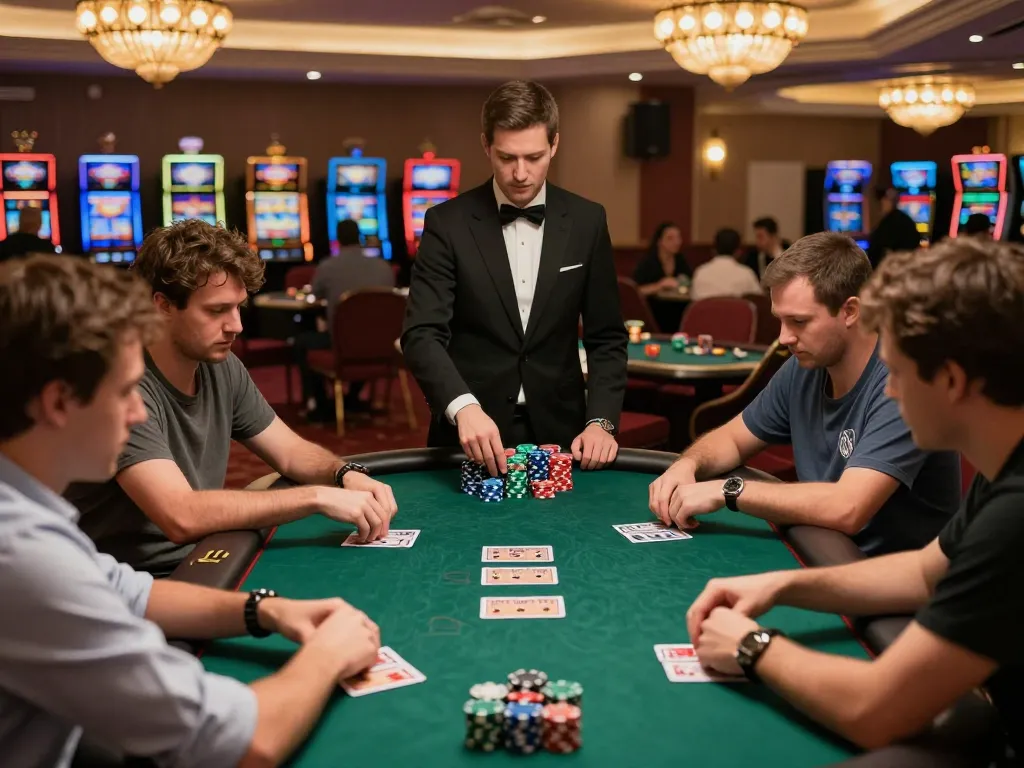 Players strategize during a high-stakes poker game at O8 casino, showcasing vibrant chip stacks and intense focus.