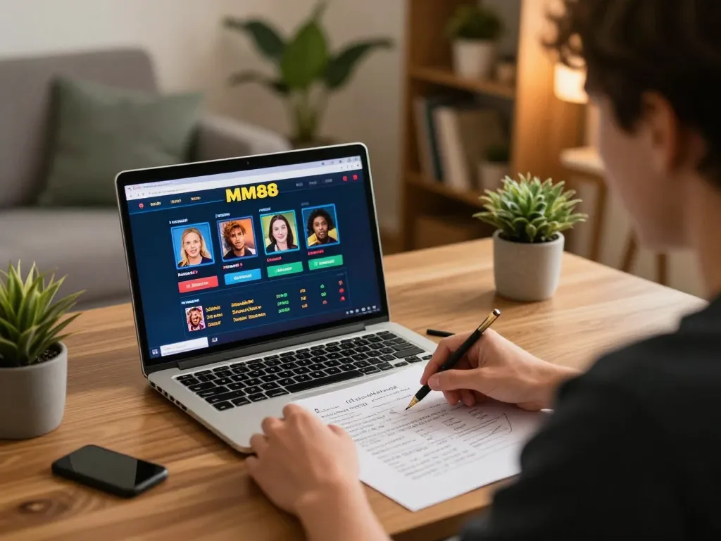 Player strategizing in an MM88 online casino setup with laptop and notes.