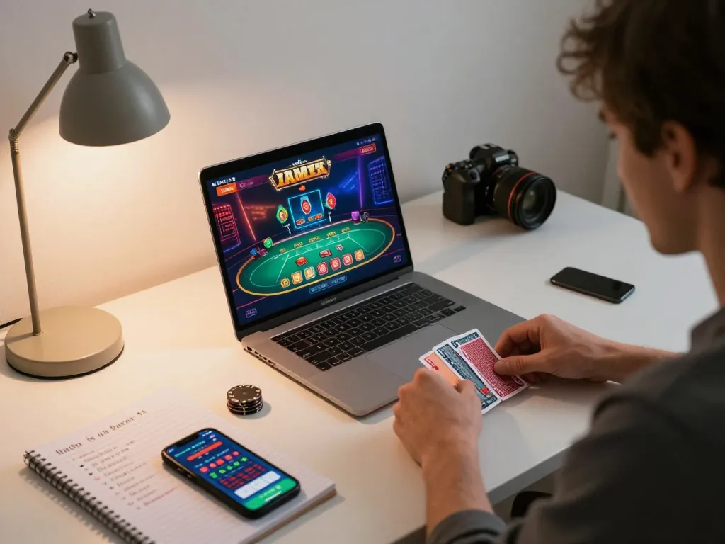 Player using xx88 for live dealer blackjack on laptop, showcasing strategic gameplay at home