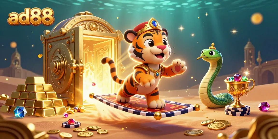 ad88 showcases an Arabian Nights-themed tiger sultan flying over a treasure vault, depicting adventure in online gaming.