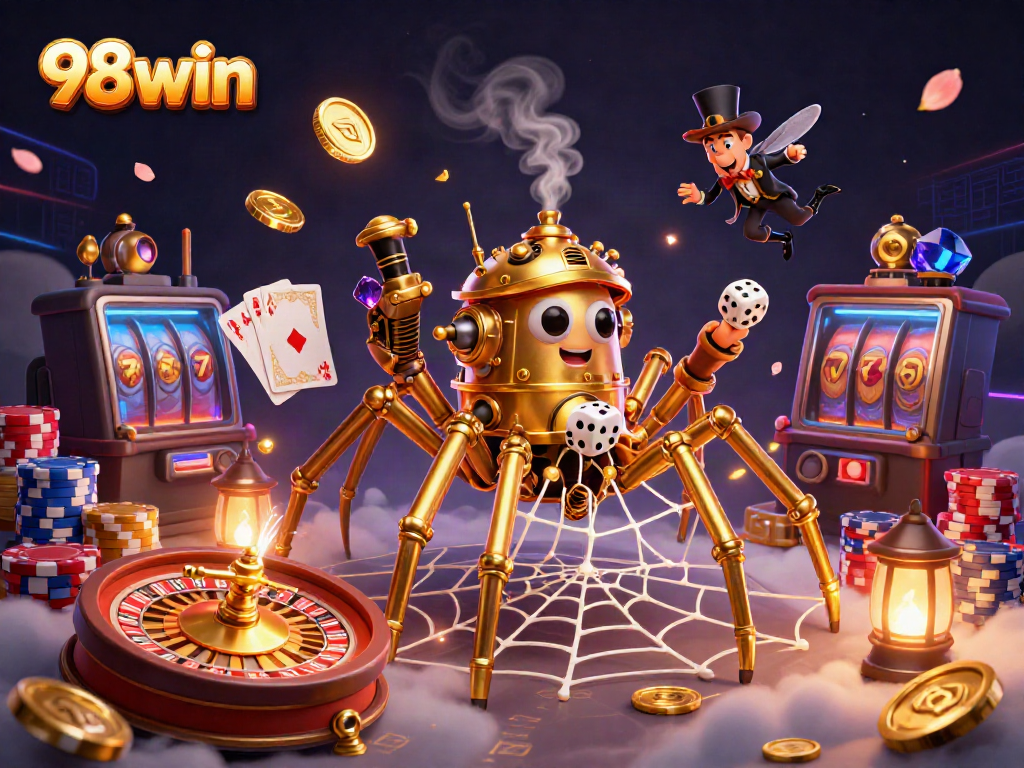 Experience the thrill of 98win gaming with a steampunk spider and golden web in a vibrant casino scene.