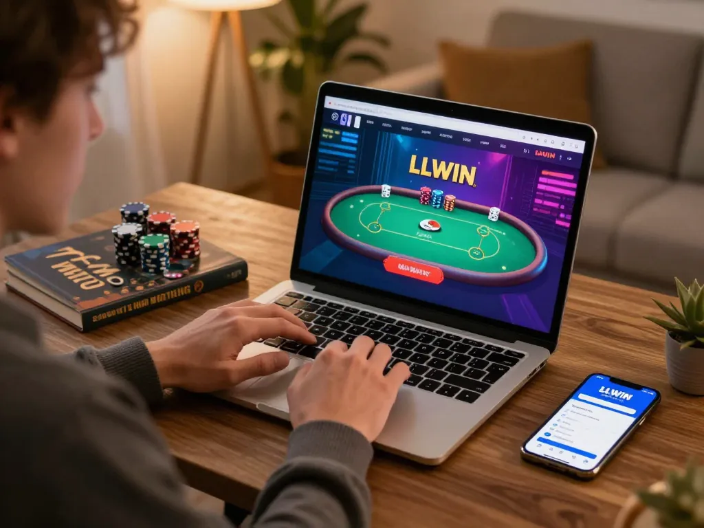 Player strategizing poker on LLWIN's online platform in a cozy home setup.