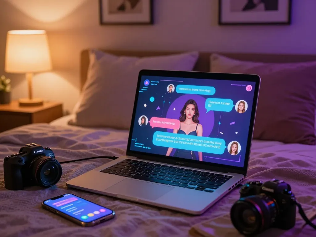 Engaging in ai porn chat on a laptop in a cozy bedroom, showcasing intimate atmosphere and playful digital graphics.