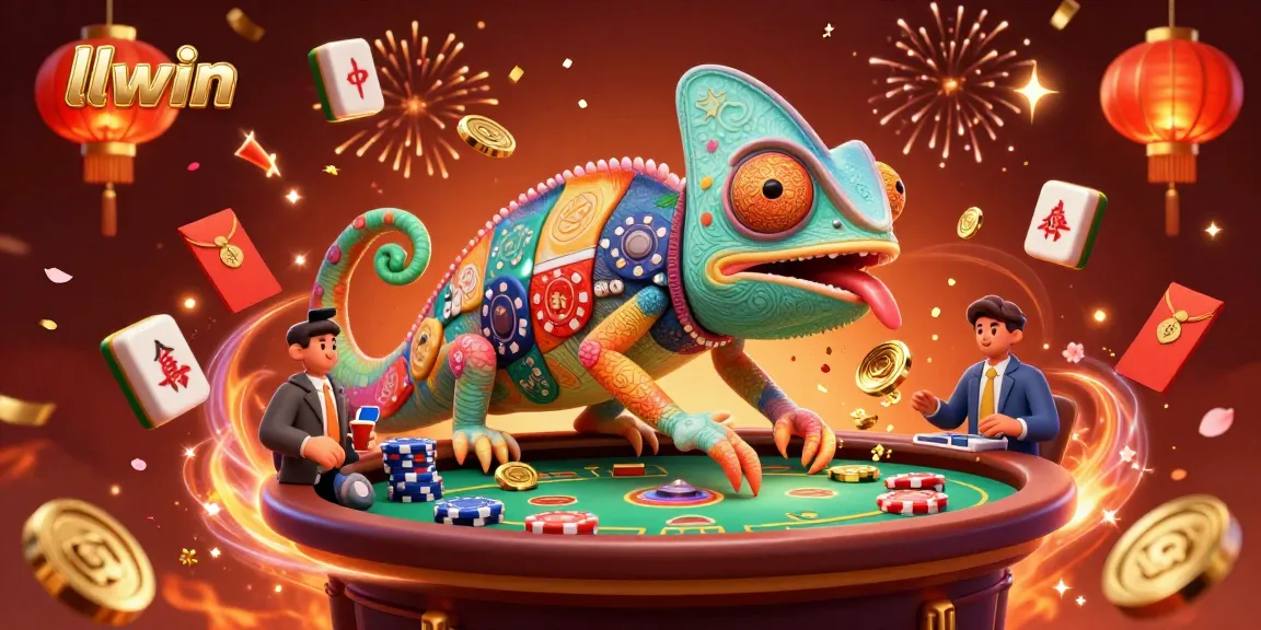 Engage in thrilling gameplay at llwin with a vibrant casino scene featuring a chameleon owner surrounded by floating mahjong tiles and golden elements.