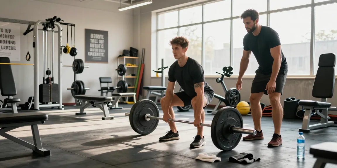 Entrenador y atleta en el gimnasio de Esteroidesshop levantando pesas con enfoque y energía.