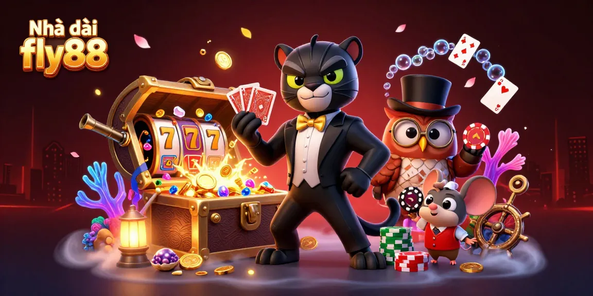 Nhà cái fly88 showcases an exciting 3D casino scene with lively characters and vibrant game elements.