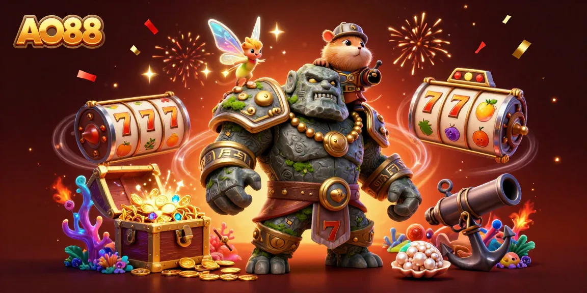 Engage in exciting slots at AO88 with a dynamic scene featuring a golem, fairy, and hamster knight.