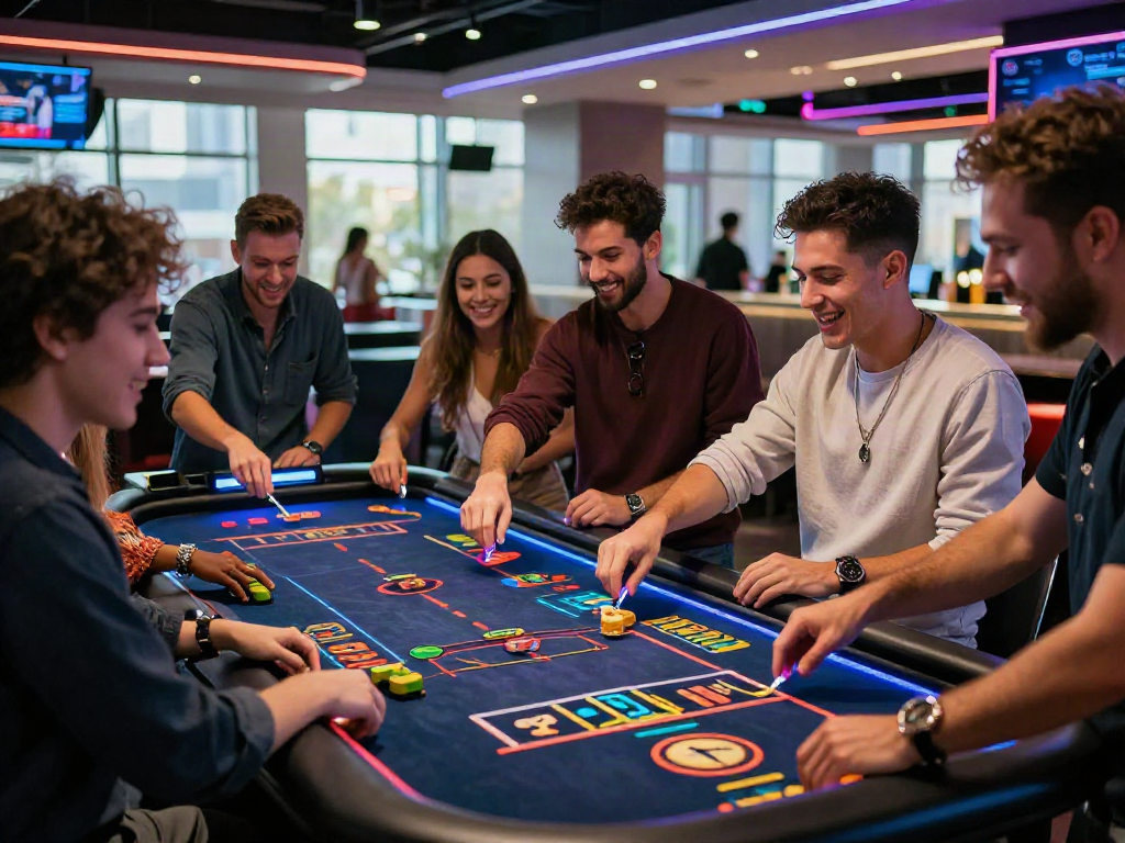 Exciting gaming experience at https://man88.hair/ with friends engaged at a high-tech casino table.