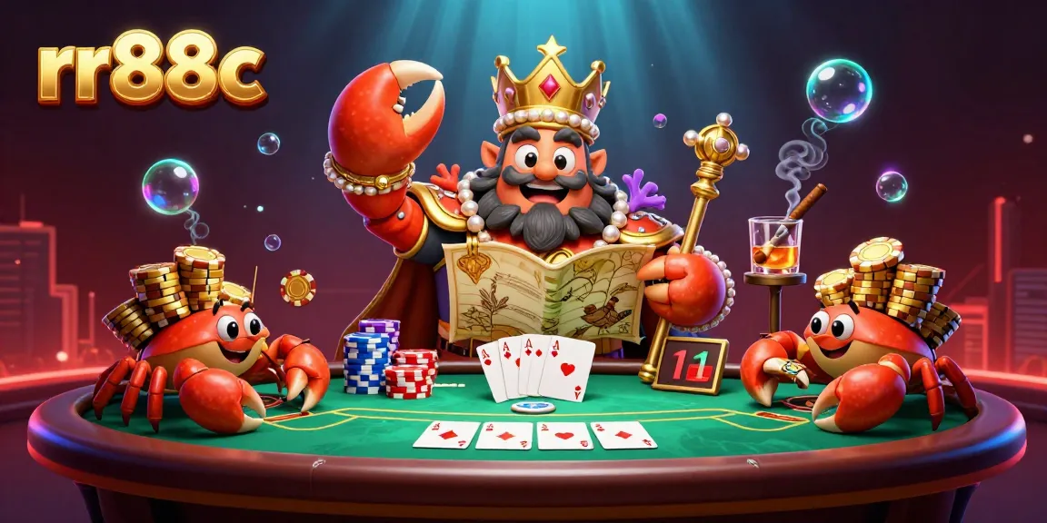 Experience the excitement of rr88c with the golden crab emperor amidst a vibrant casino scene.