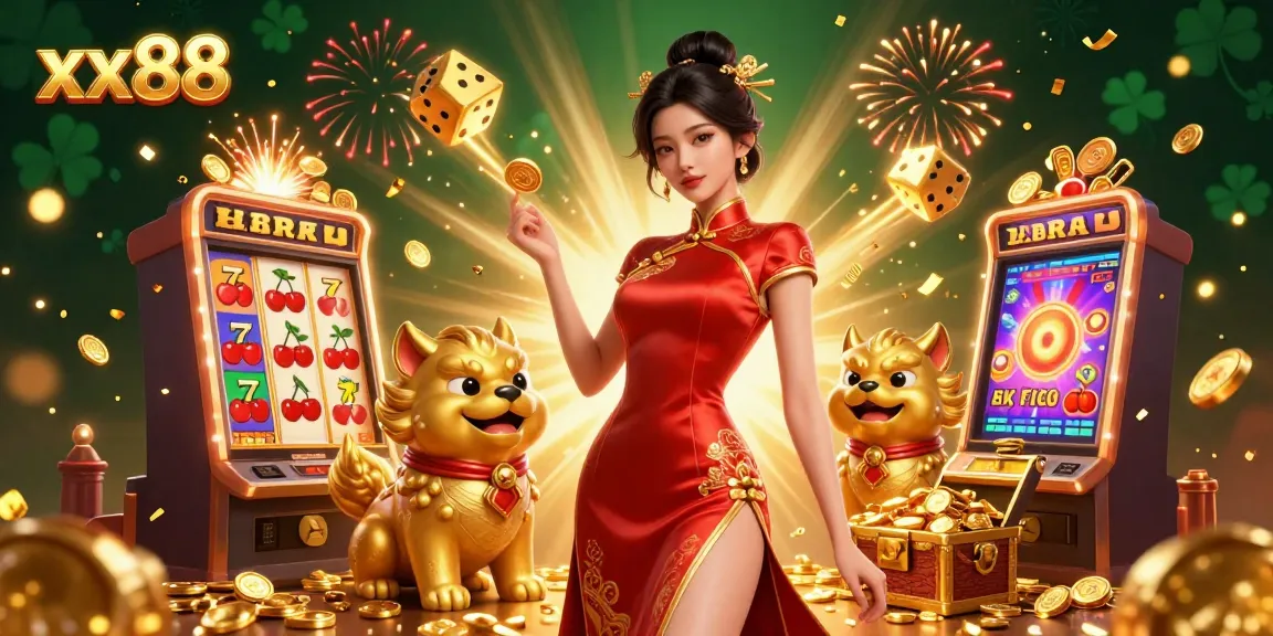 Experience thrilling jackpots at xx88 with a dazzling Asian woman alongside lively casino elements.