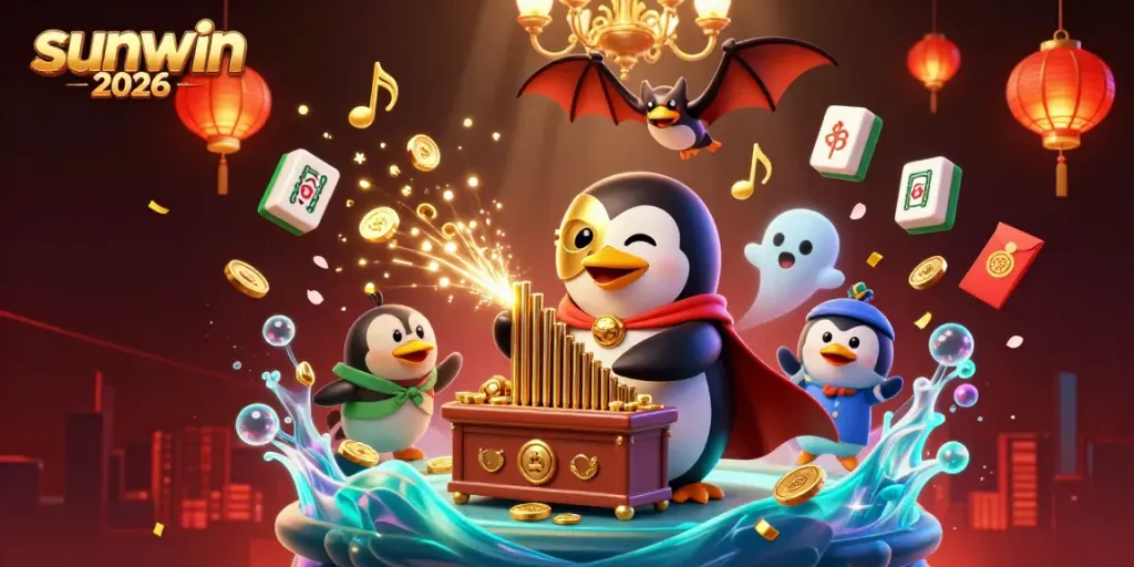 Experience the excitement of sunwin 2026 with a vibrant 3D scene featuring a penguin organist and golden coins.