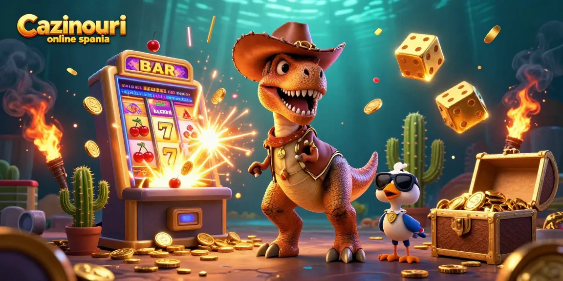 Cazinouri online spania scene featuring a T-Rex cowboy dinosaur, slot machine explosion, and vibrant casino elements.