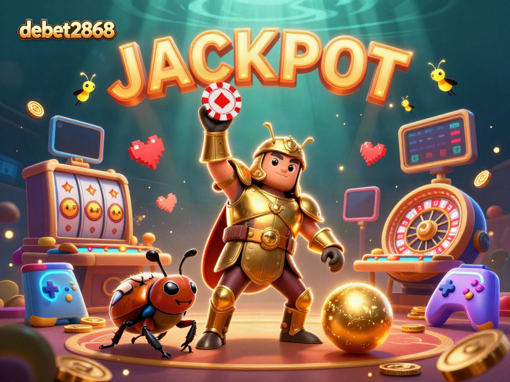 Engage with debet2868's vibrant 3D casino scene featuring animated characters amidst slot machines and glittering lights.