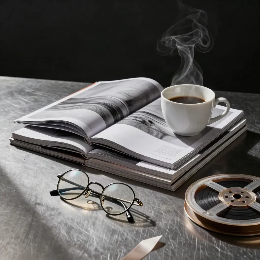 Revistas de cine, taza humeante, gafas redondas y bobina 35 mm sobre mesa metálica.