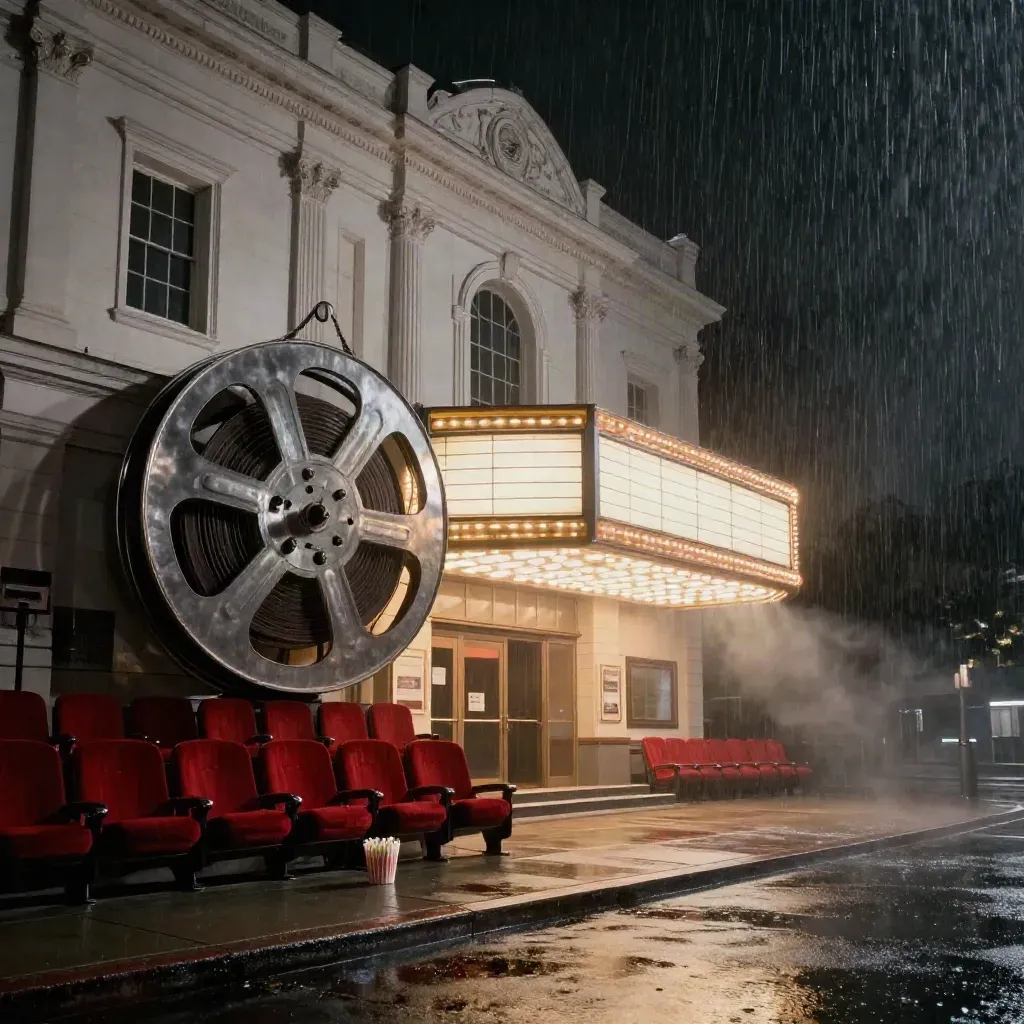 Fachada de cine clásico nocturna con lluvia, marquesina dorada, carrete gigante y butacas rojas.