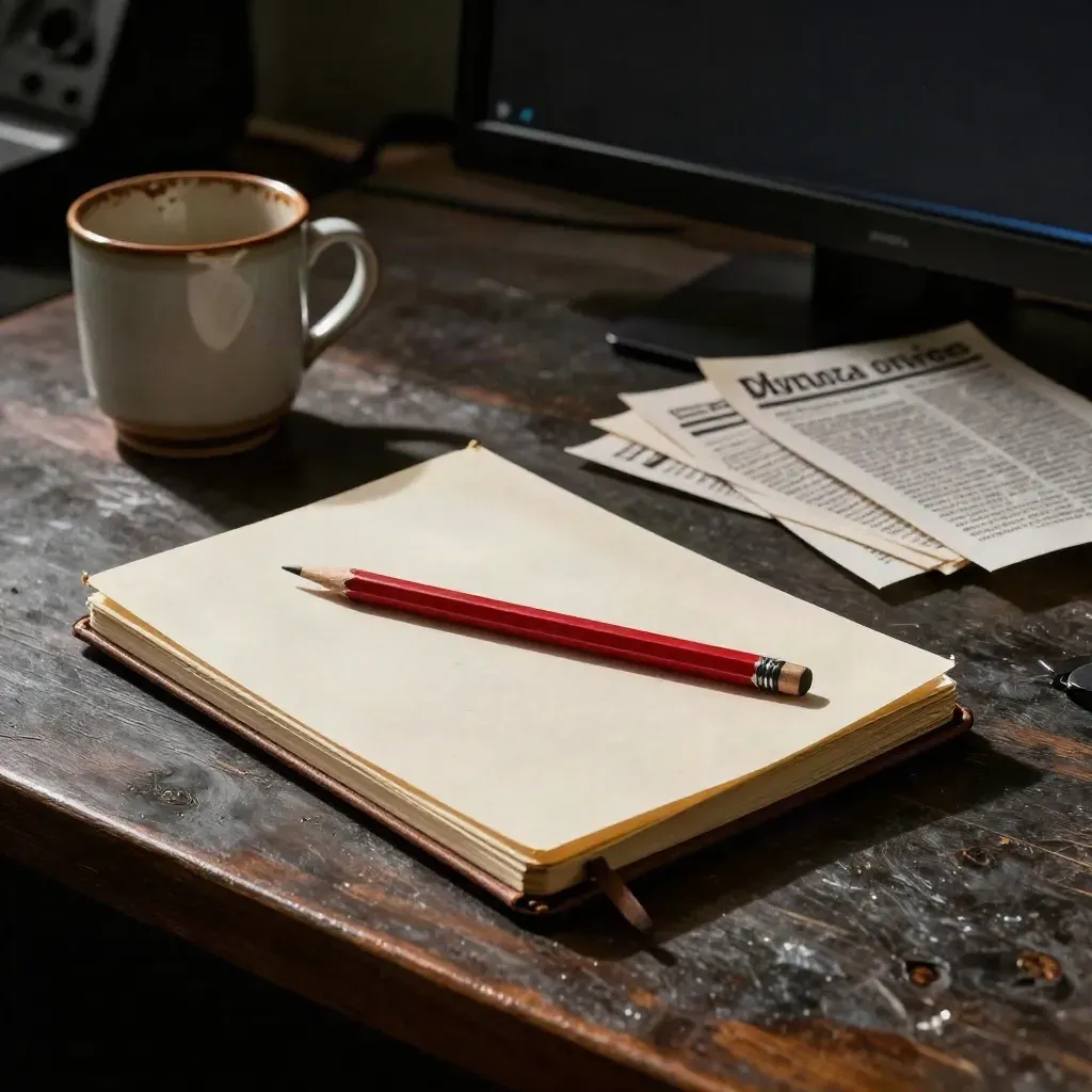 Mesa de montaje con libreta, lápiz rojo, taza vacía y papeles doblados ante una pantalla apagada
