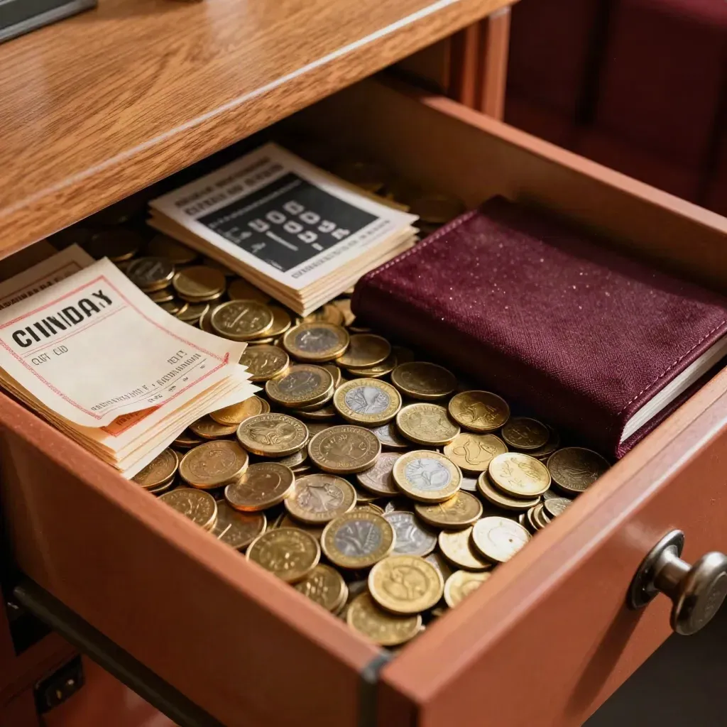 Cajón de taquilla de cine con monedas, fichas, tickets doblados y libreta de cierre.