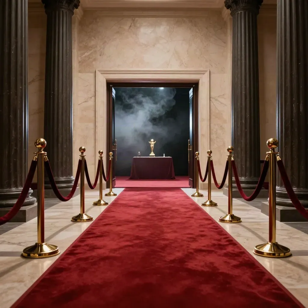 Salón de gala vacío con alfombra, columnas oscuras y trofeos desenfocados antes de los Goya.