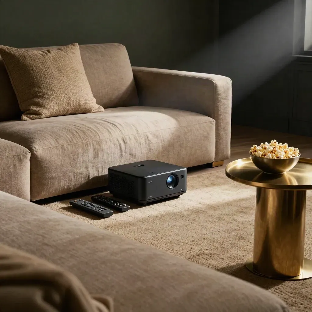 Sofá de lino, proyector compacto, mandos y palomitas en un salón oscuro y cinematográfico.