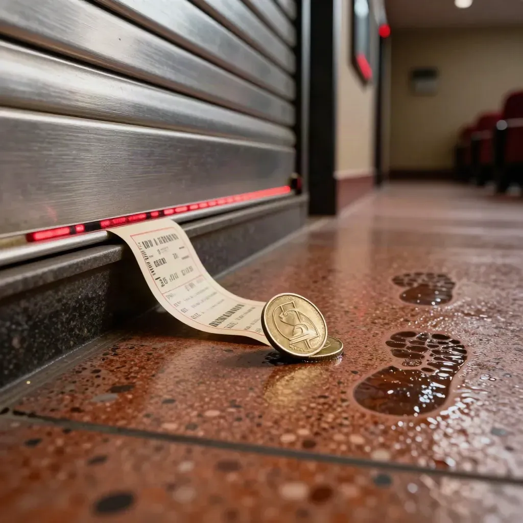 Taquilla cerrada con monedas, tickets doblados y huellas húmedas en un hall de cine.