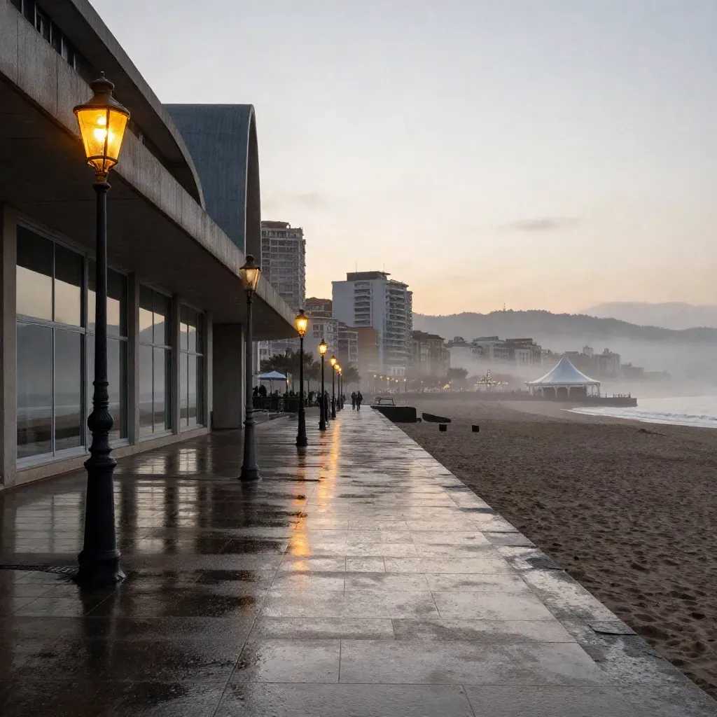 Fachada del Kursaal y paseo marítimo húmedo al amanecer con bruma marina.